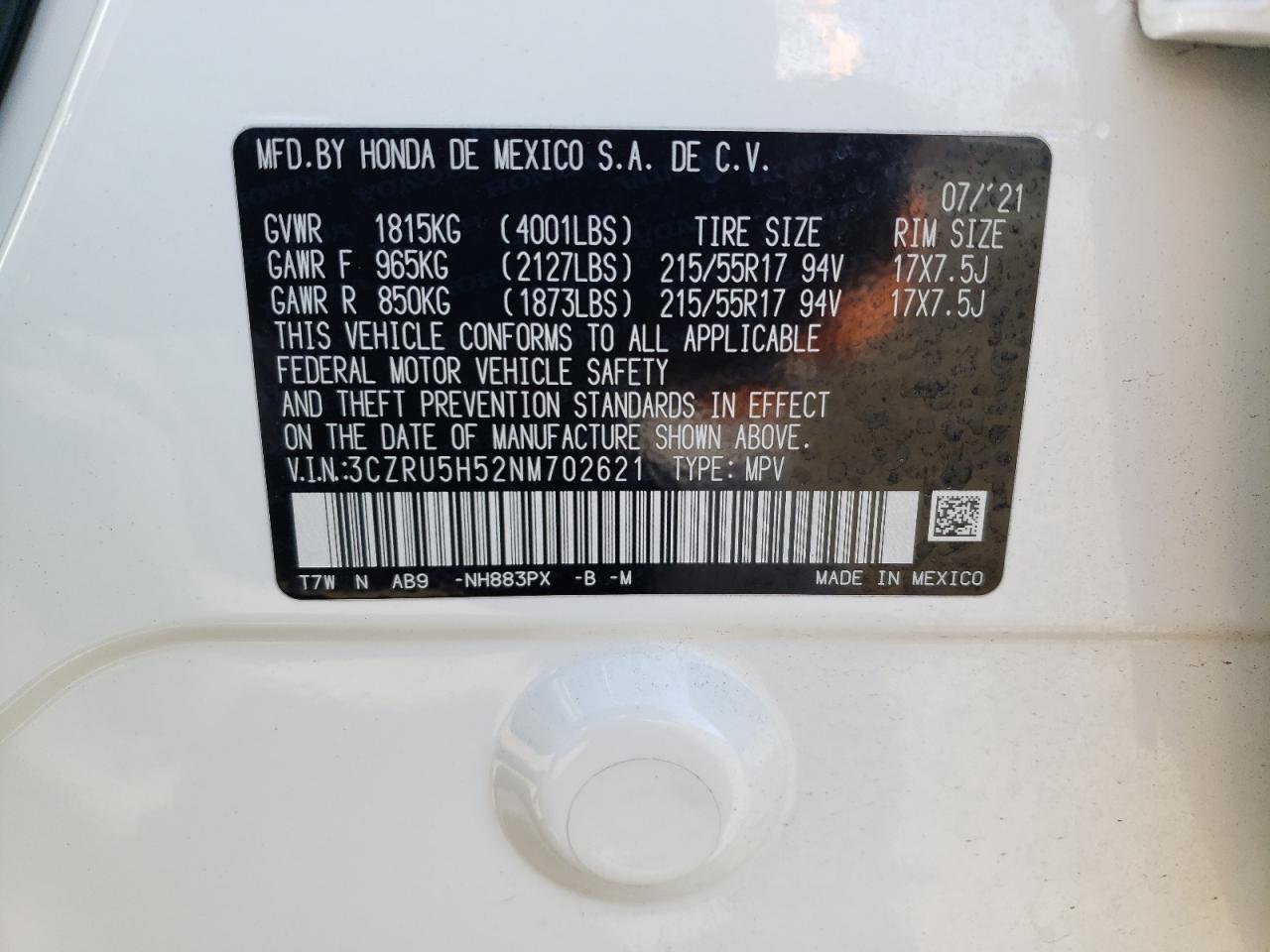 3CZRU5H52NM702621 2022 Honda Hr-V Ex