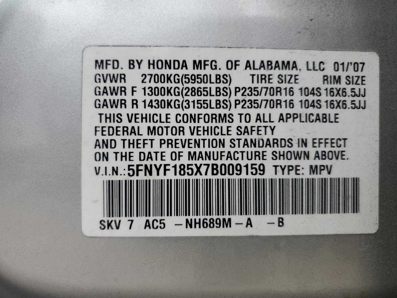 2007 Honda Pilot Exl VIN: 5FNYF185X7B009159 Lot: 71452564