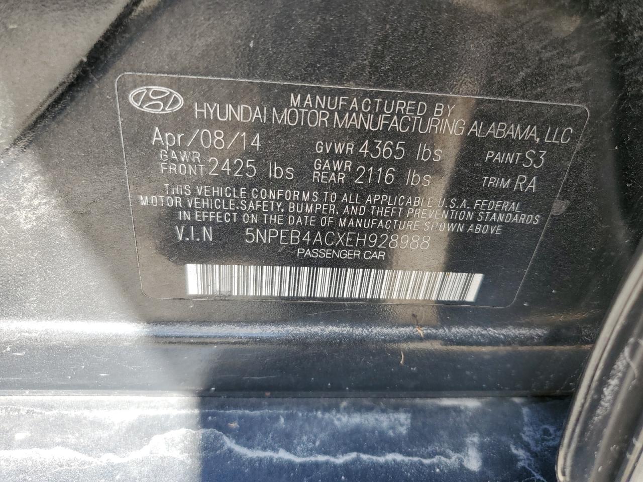 5NPEB4ACXEH928988 2014 Hyundai Sonata Gls