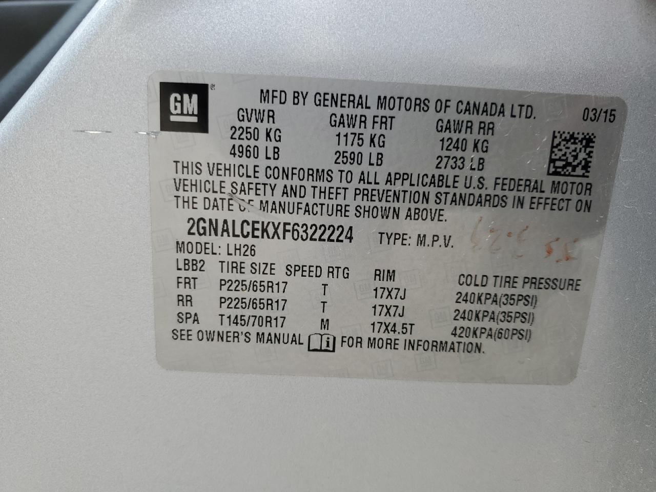 2GNALCEKXF6322224 2015 Chevrolet Equinox Lt