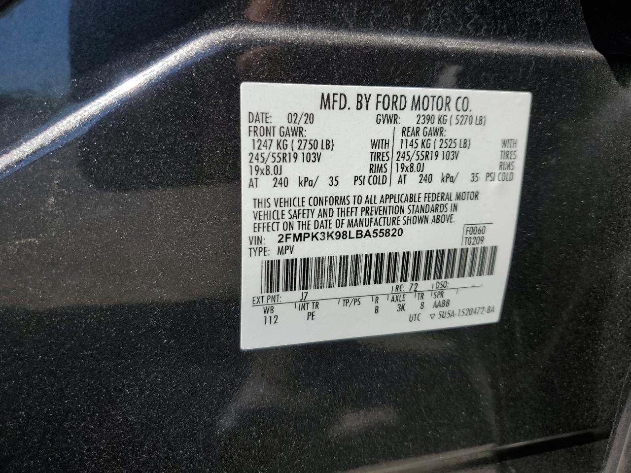 2FMPK3K98LBA55820 2020 Ford Edge Titanium