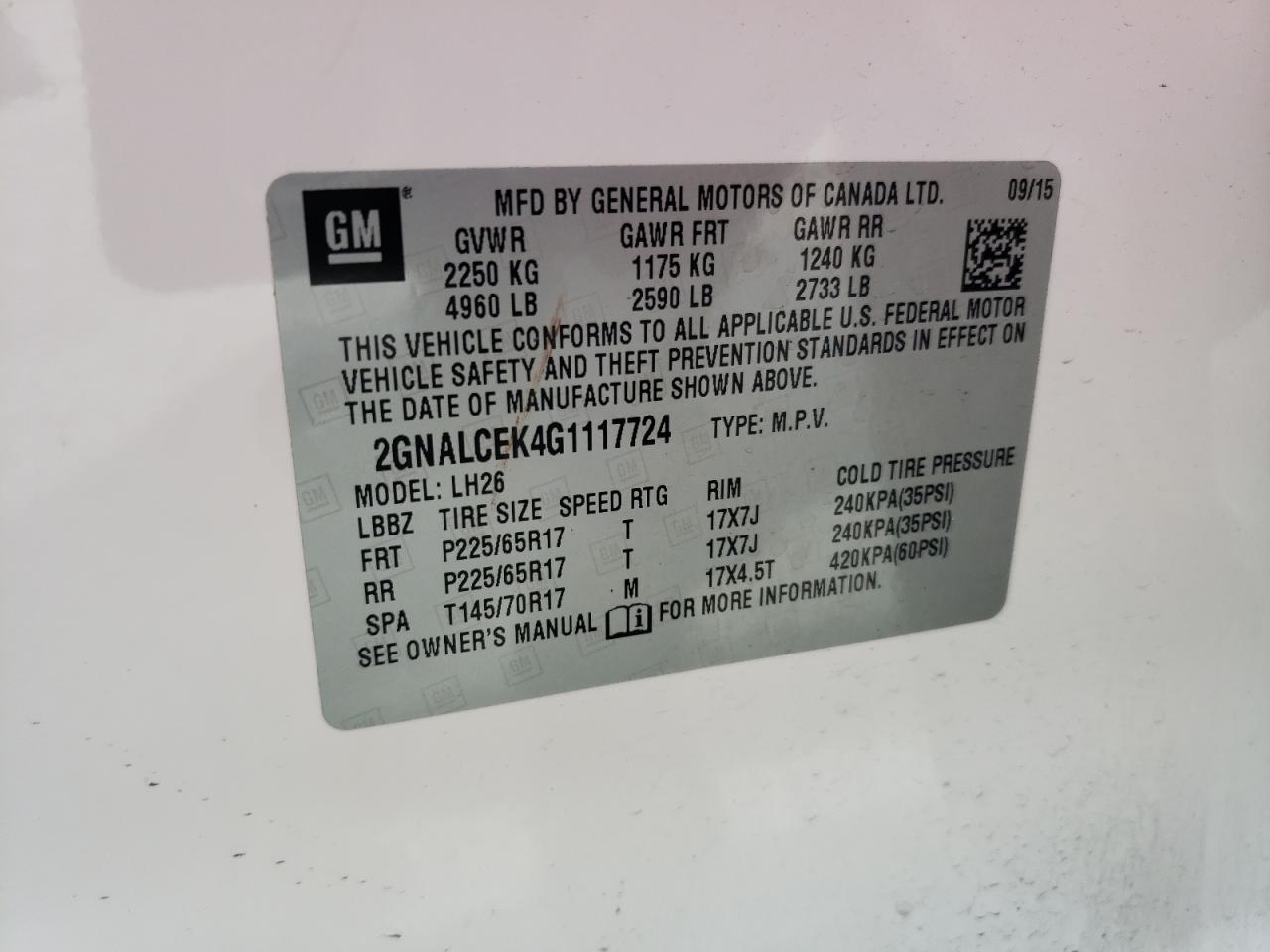 2GNALCEK4G1117724 2016 Chevrolet Equinox Lt