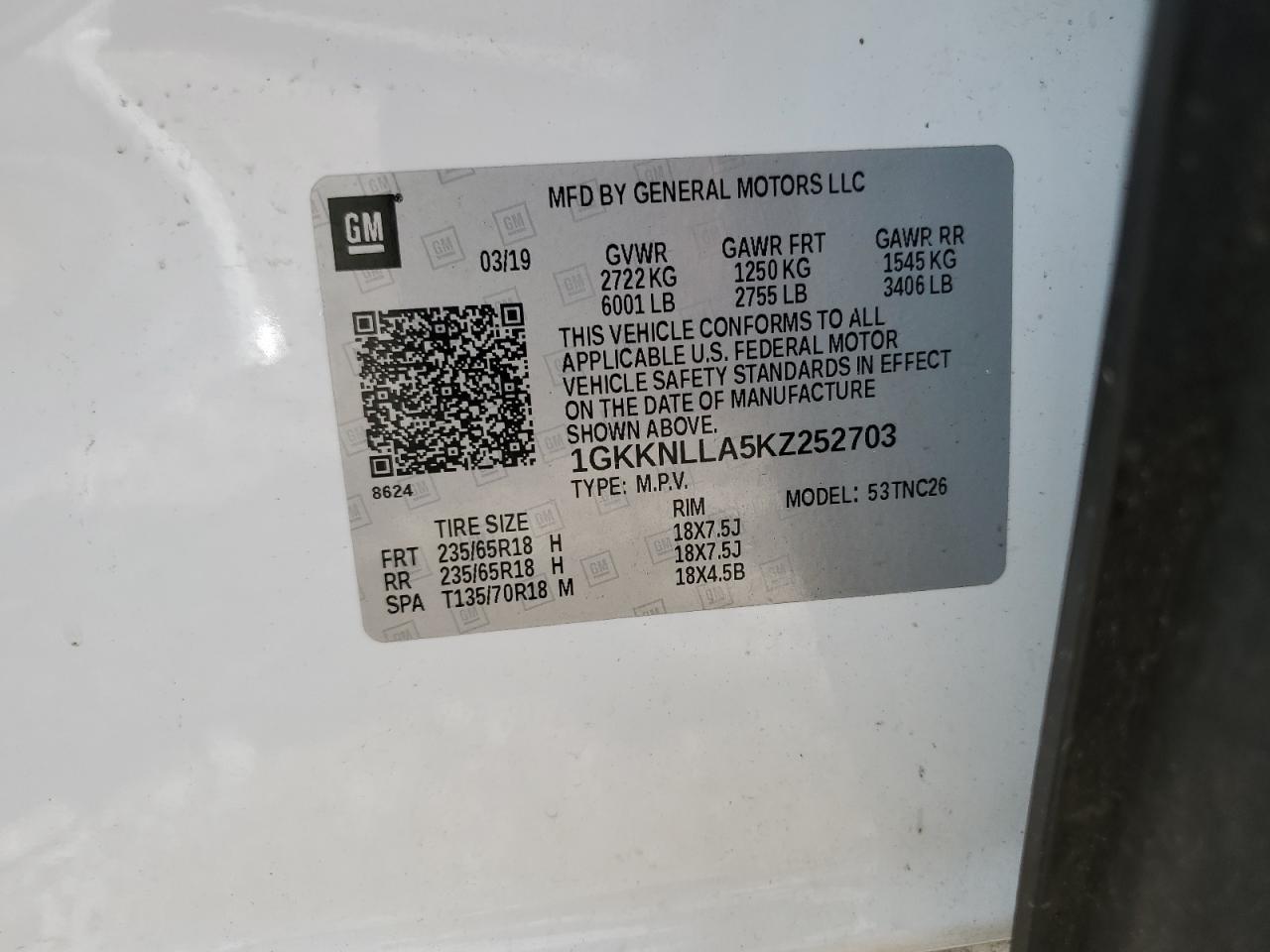 1GKKNLLA5KZ252703 2019 GMC Acadia Sle