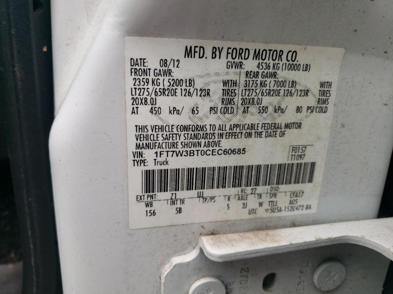 2012 Ford F350 Super Duty VIN: 1FT7W3BT0CEC60685 Lot: 69817114