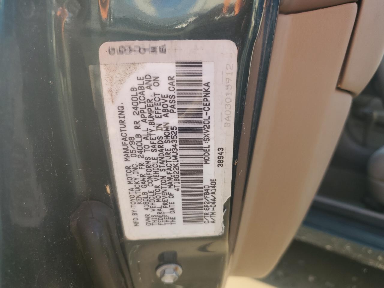 4T1BG22K1WU343525 1998 Toyota Camry Ce