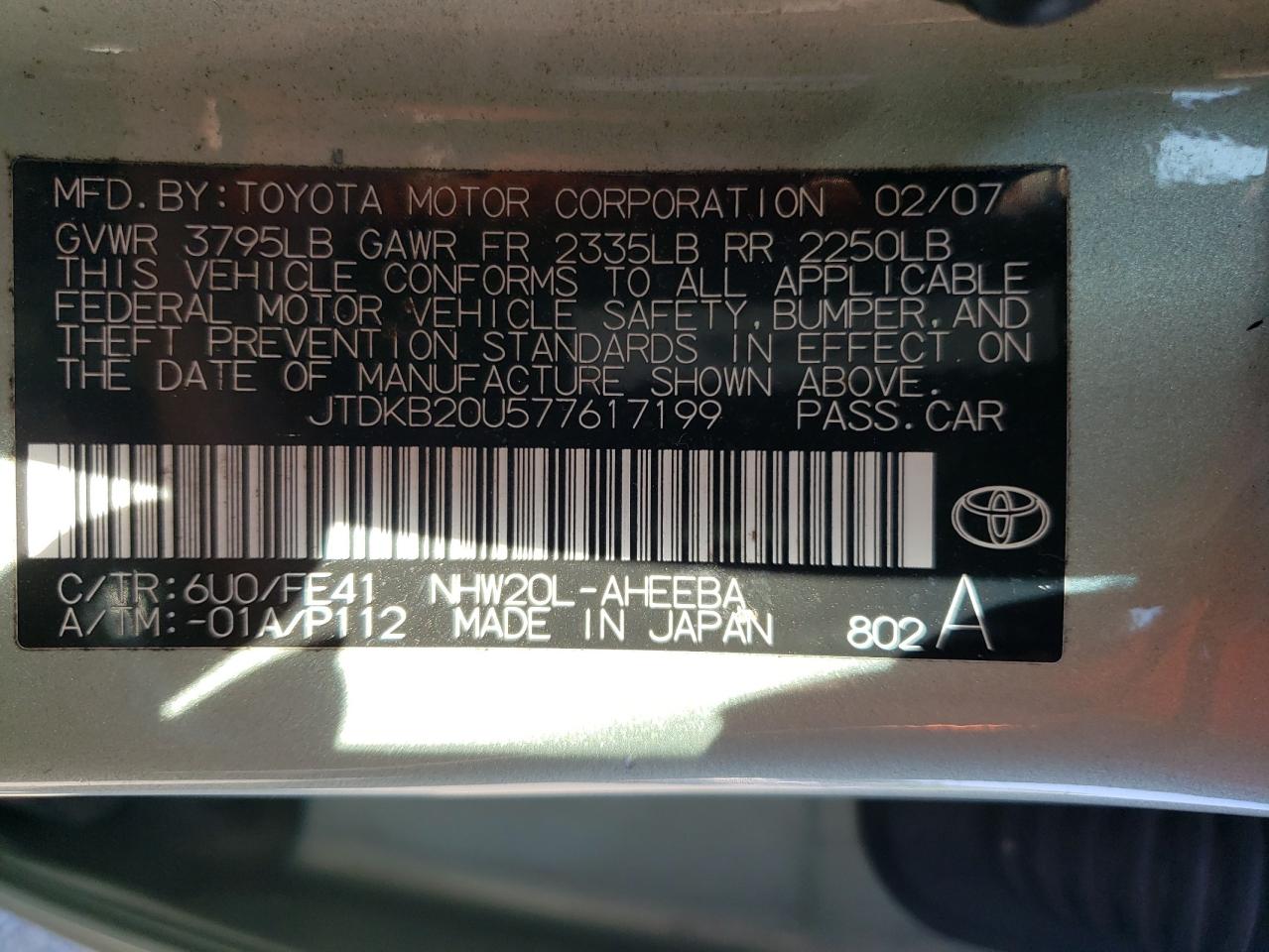 2007 Toyota Prius VIN: JTDKB20U577617199 Lot: 70267694