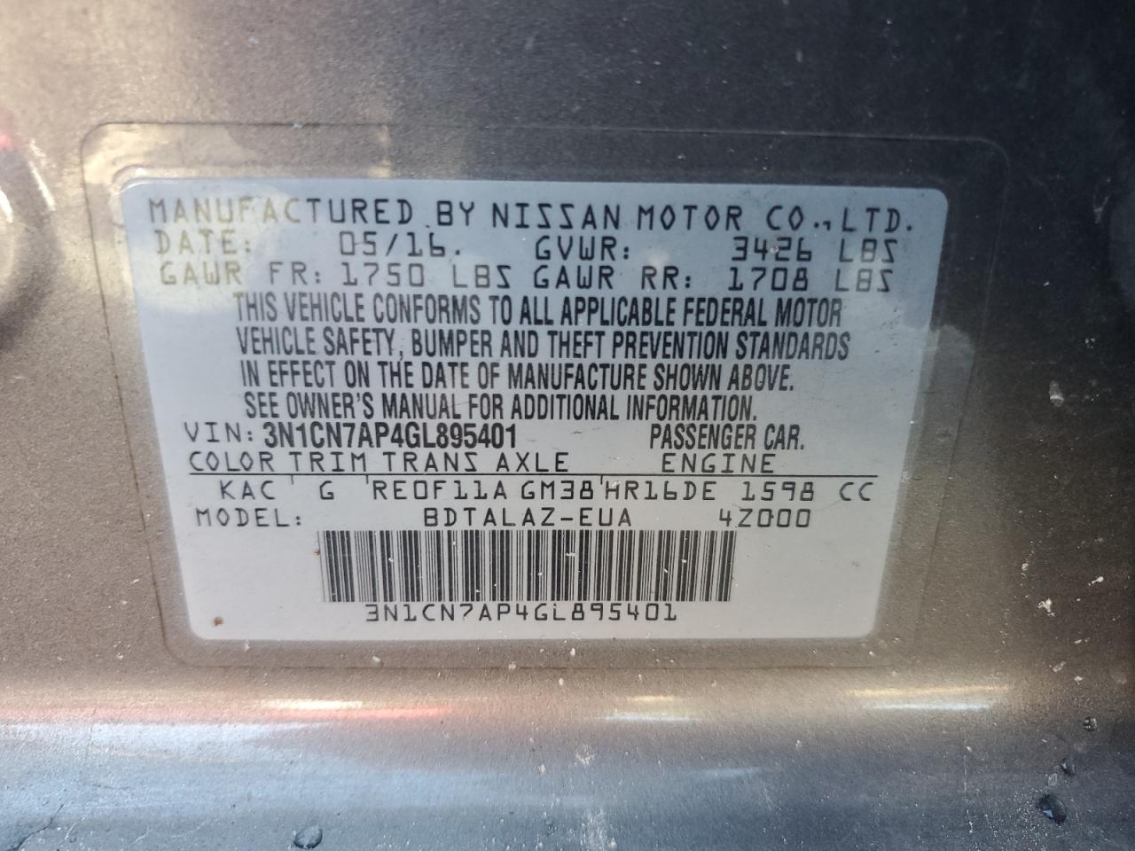 3N1CN7AP4GL895401 2016 Nissan Versa S