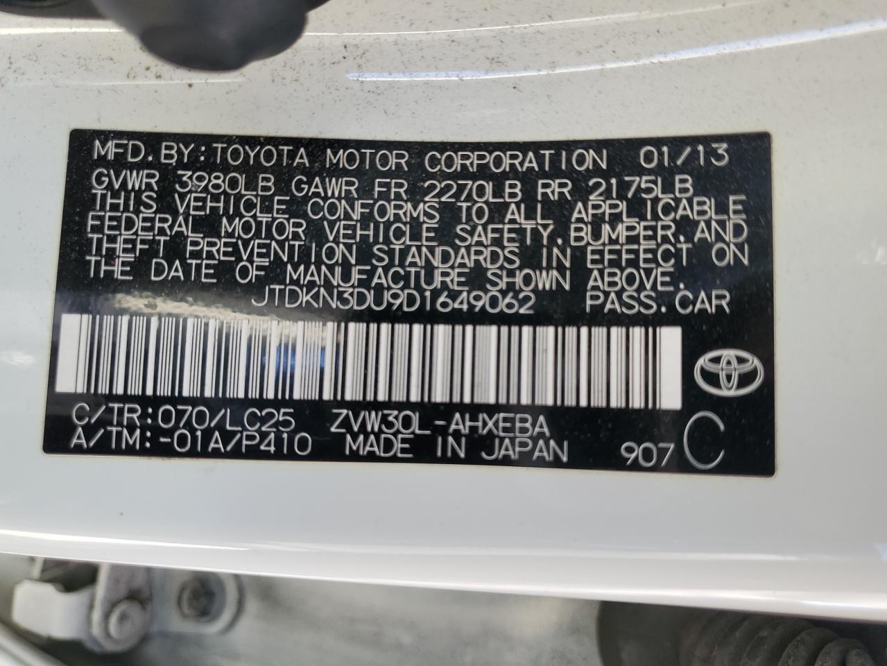 2013 Toyota Prius VIN: JTDKN3DU9D1649062 Lot: 70067294