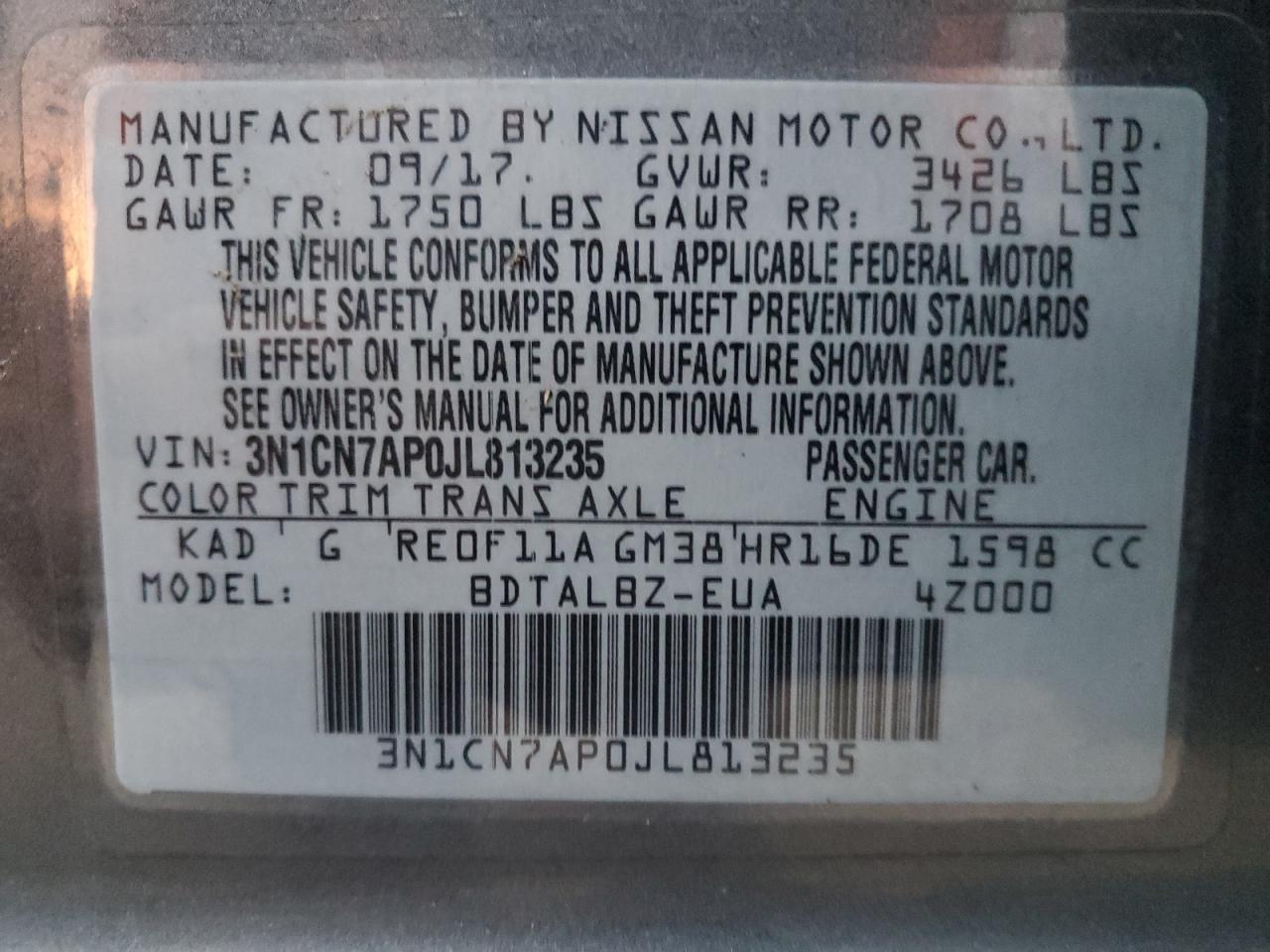 3N1CN7AP0JL813235 2018 Nissan Versa S