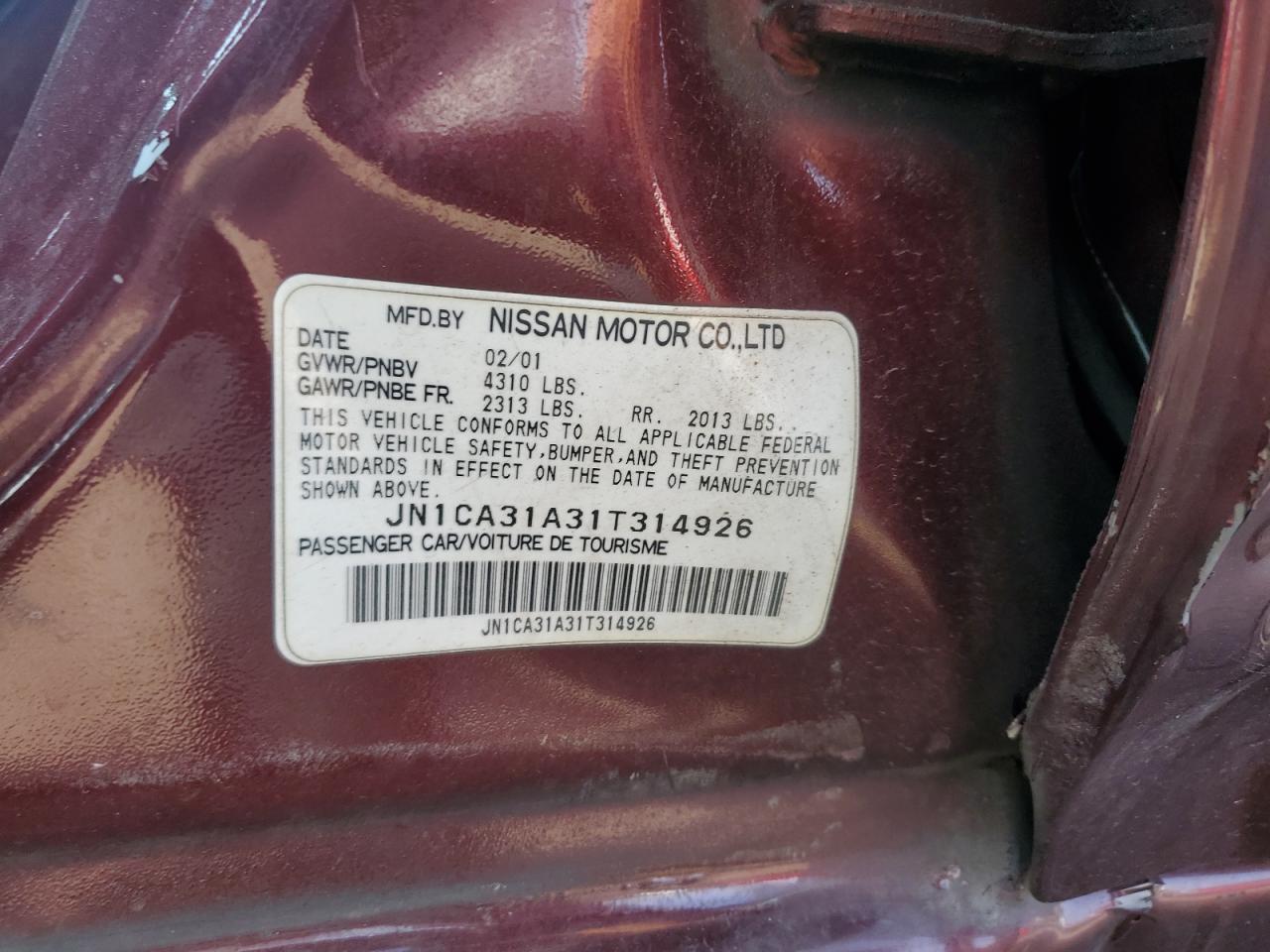 JN1CA31A31T314926 2001 Nissan Maxima Gxe