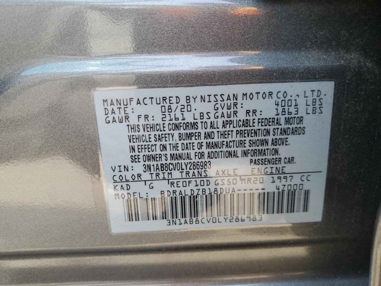 3N1AB8CV0LY286983 2020 Nissan Sentra Sv