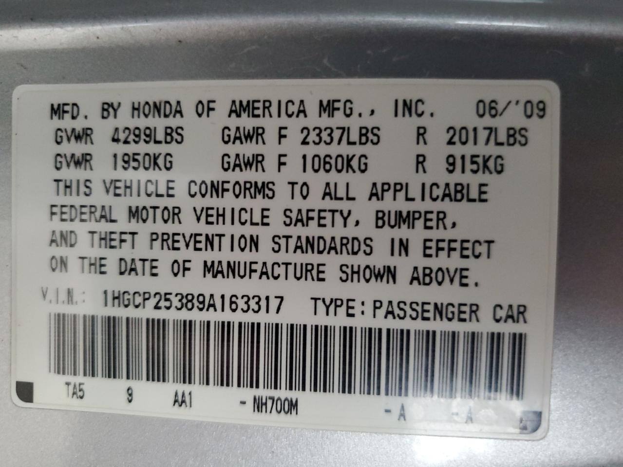 1HGCP25389A163317 2009 Honda Accord Lx