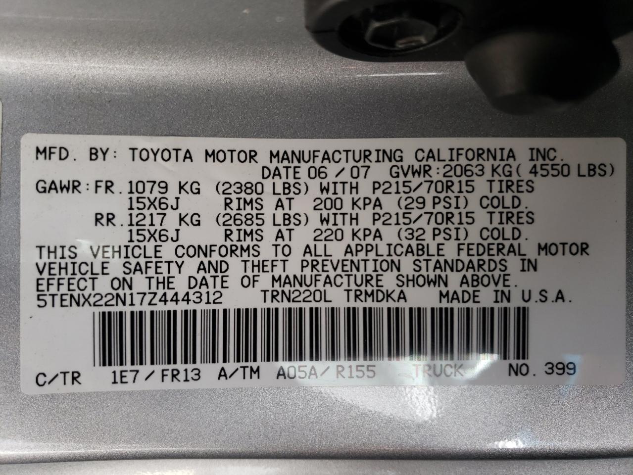 2007 Toyota Tacoma VIN: 5TENX22N17Z444312 Lot: 72897904