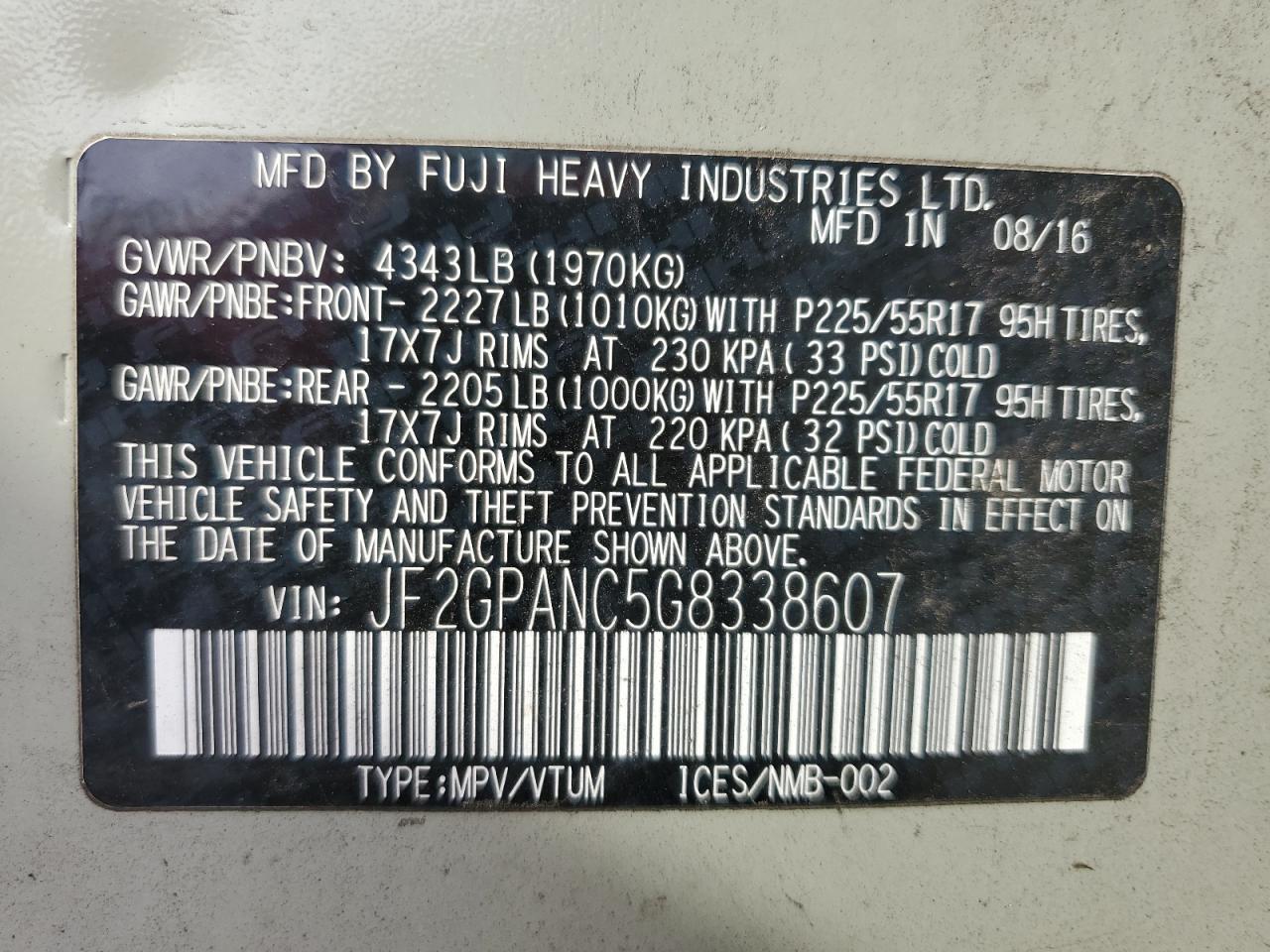 JF2GPANC5G8338607 2016 Subaru Crosstrek Limited