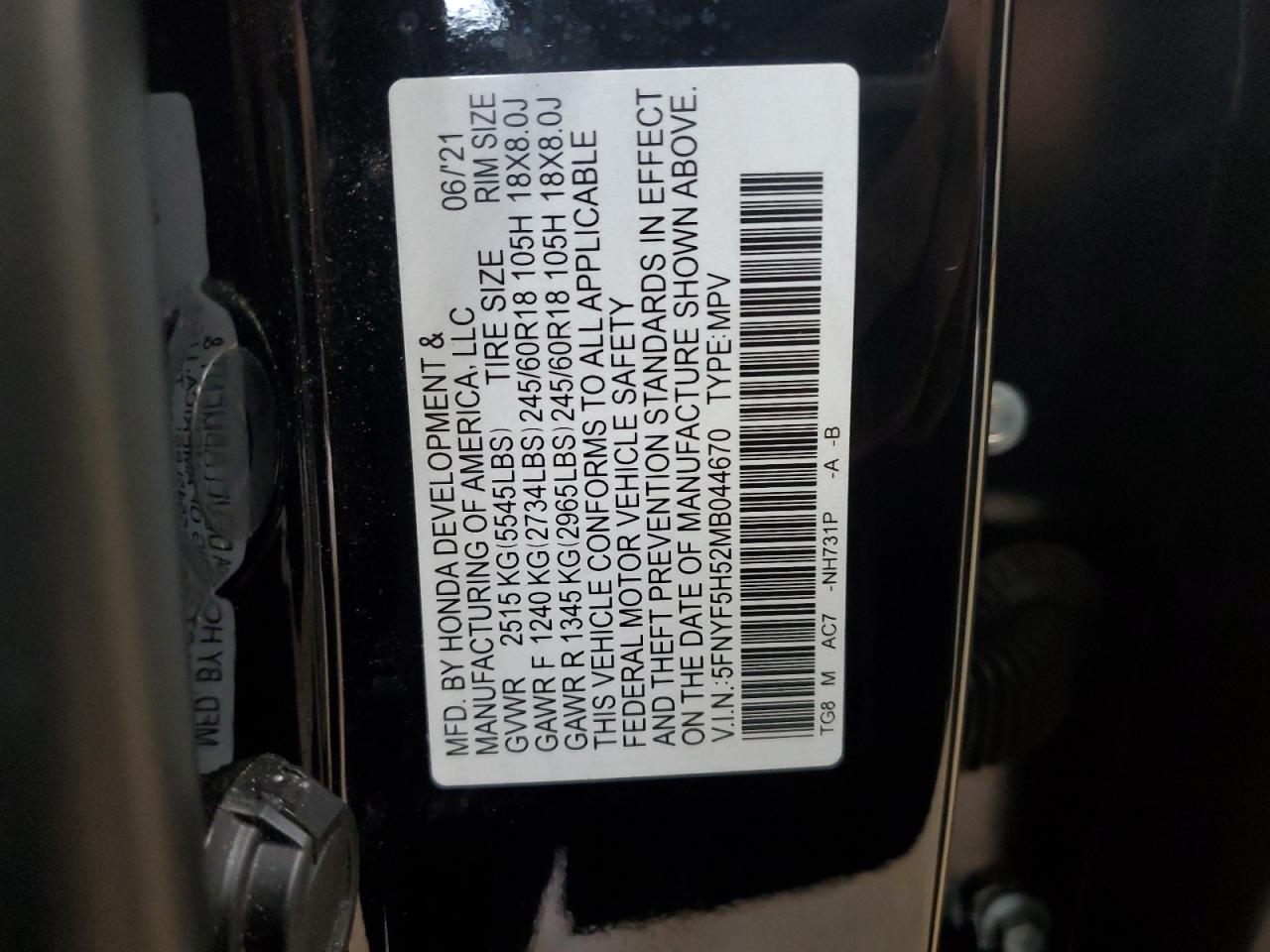 5FNYF5H52MB044670 2021 Honda Pilot Exl