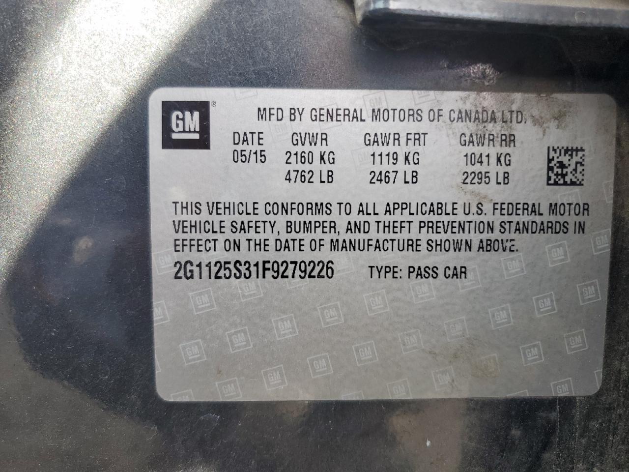 2G1125S31F9279226 2015 Chevrolet Impala Lt