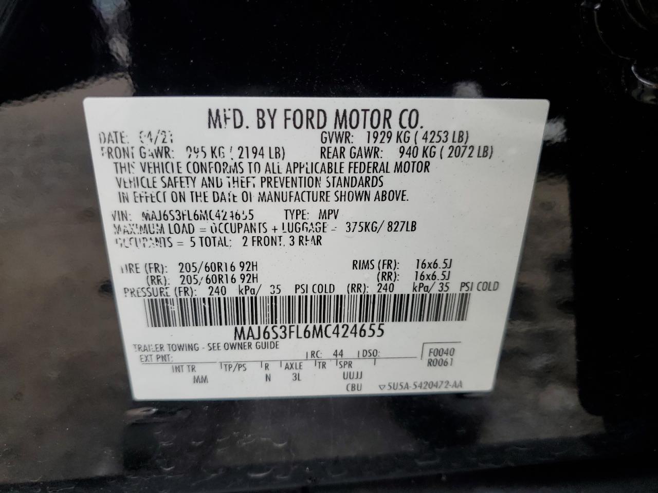 2021 Ford Ecosport S VIN: MAJ6S3FL6MC424655 Lot: 73103224