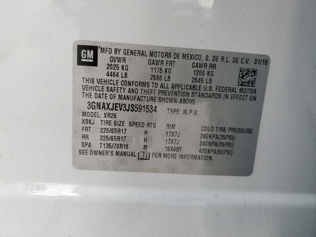 3GNAXJEV3JS591534 2018 Chevrolet Equinox Lt