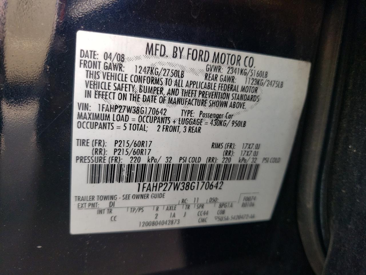 1FAHP27W38G170642 2008 Ford Taurus Sel