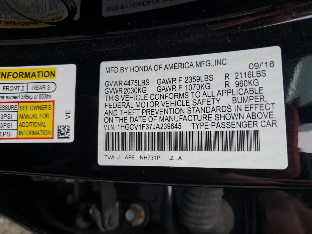 1HGCV1F37JA239645 2018 Honda Accord Sport