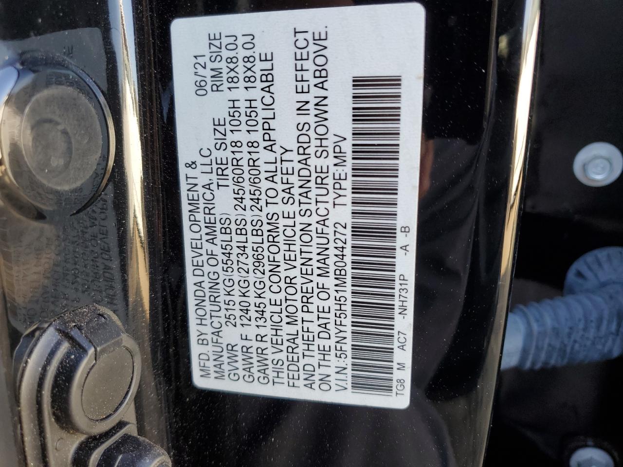 2021 Honda Pilot Exl VIN: 5FNYF5H51MB044272 Lot: 73573184