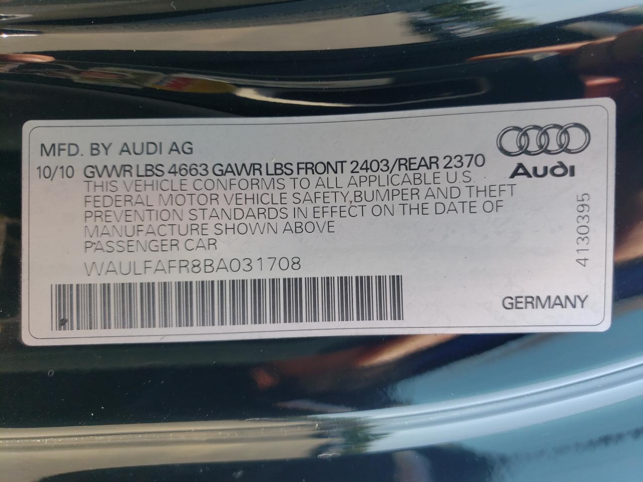 2011 Audi A5 Premium Plus VIN: WAULFAFR8BA031708 Lot: 70179564