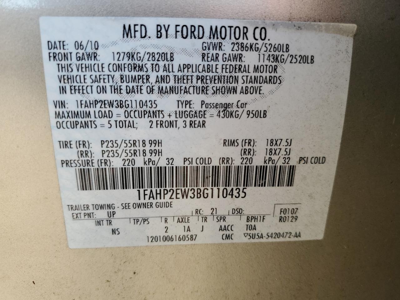 1FAHP2EW3BG110435 2011 Ford Taurus Sel