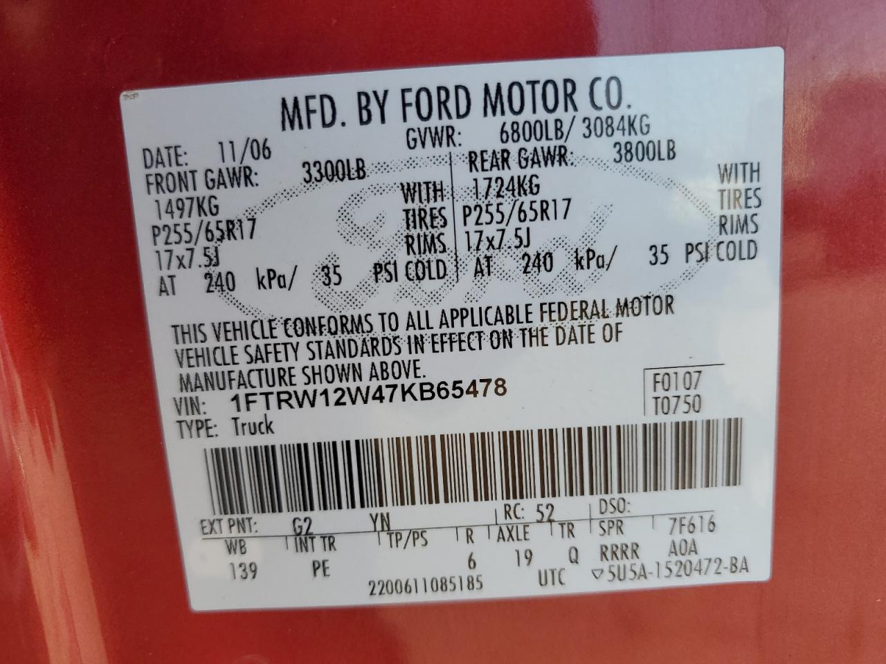 2007 Ford F150 Supercrew VIN: 1FTRW12W47KB65478 Lot: 70578224