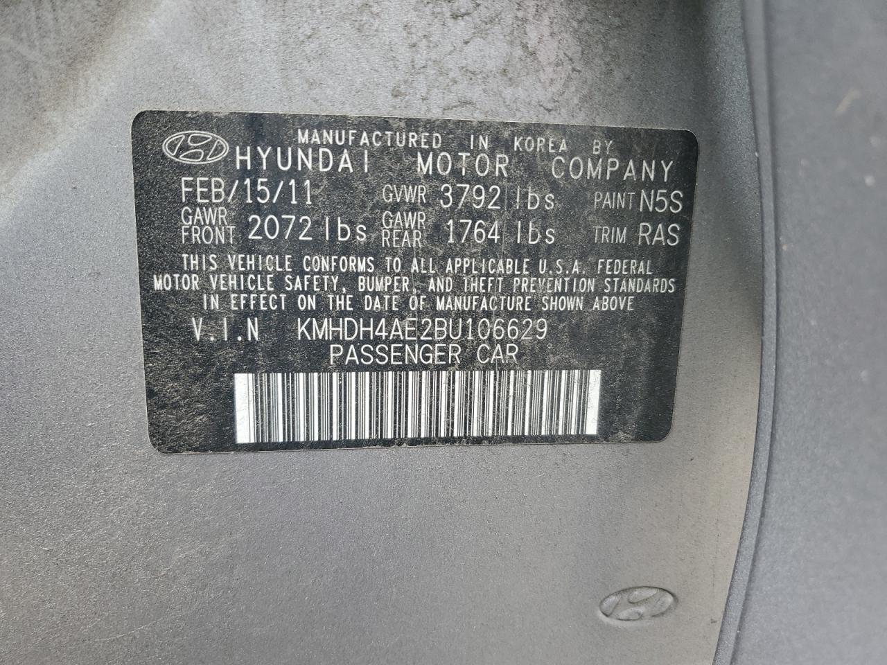 KMHDH4AE2BU106629 2011 Hyundai Elantra Gls