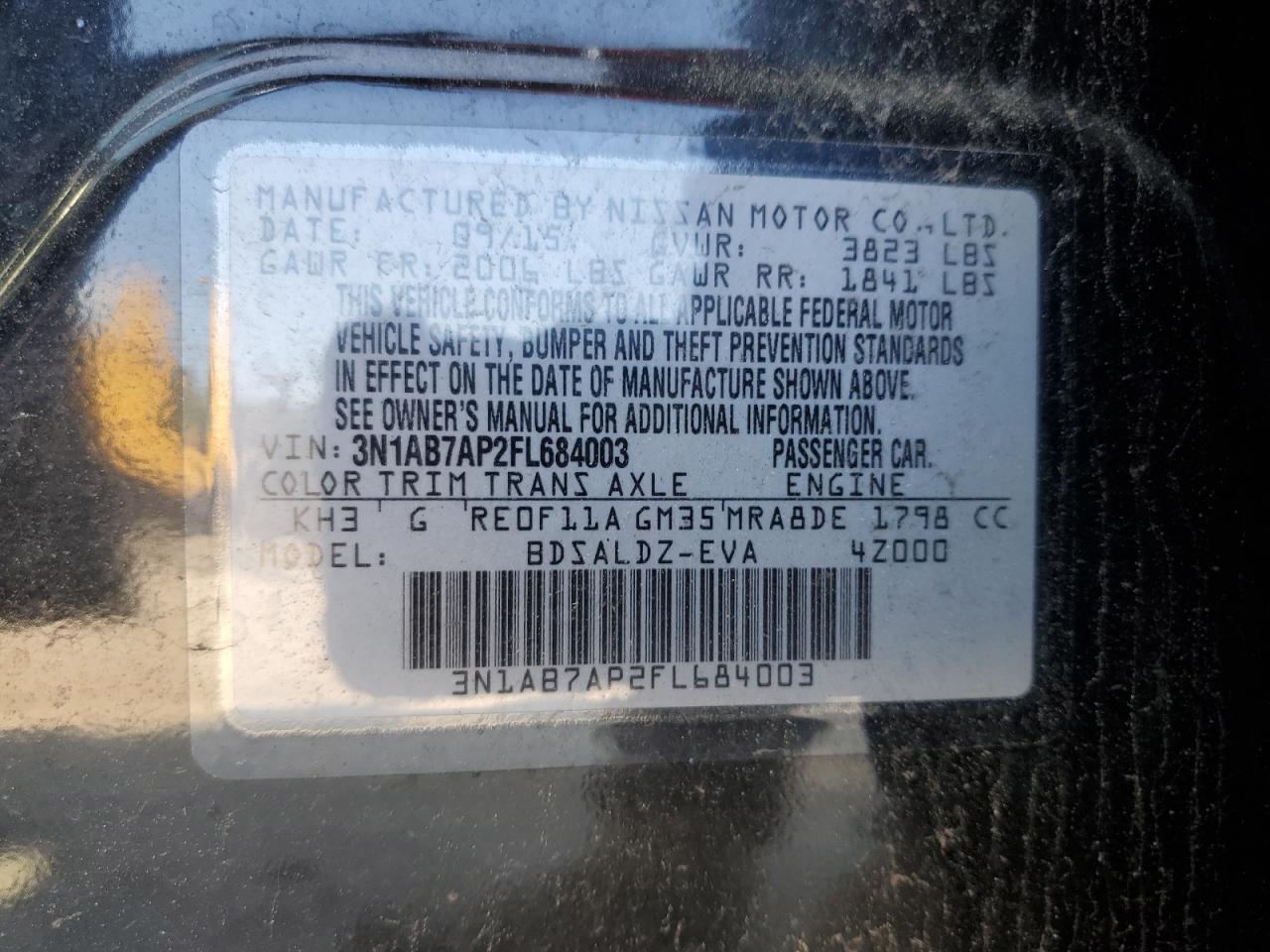 3N1AB7AP2FL684003 2015 Nissan Sentra S