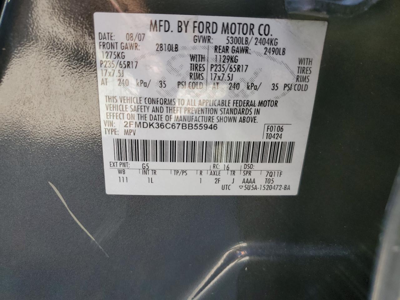 2FMDK36C67BB55946 2007 Ford Edge Se