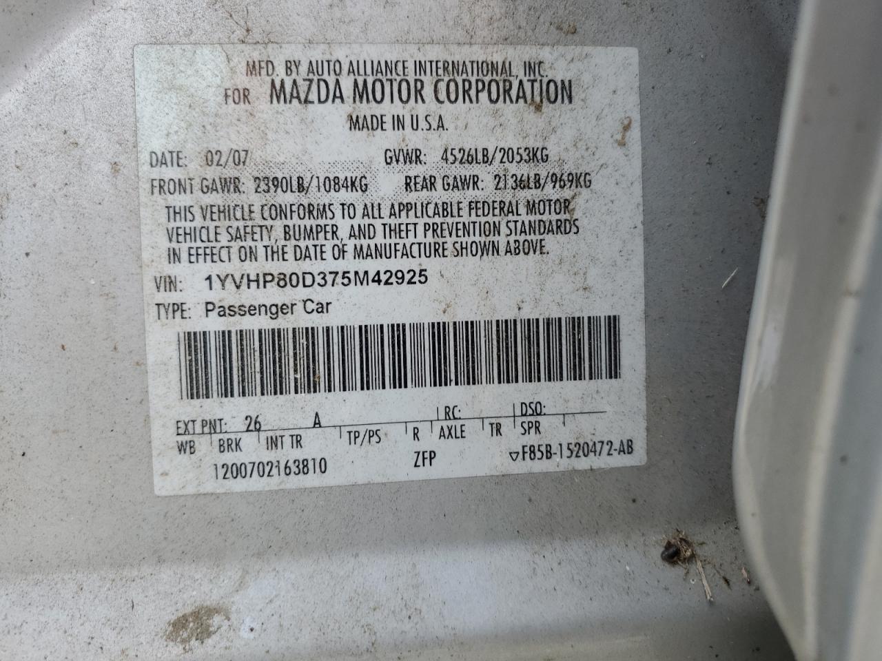 2007 Mazda 6 S VIN: 1YVHP80D375M42925 Lot: 49219575