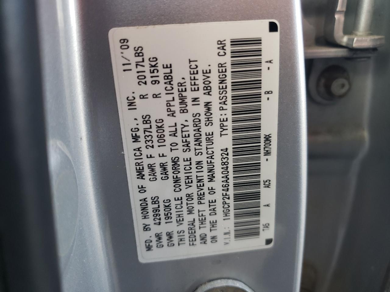 2010 Honda Accord Lxp VIN: 1HGCP2F46AA048324 Lot: 72502564