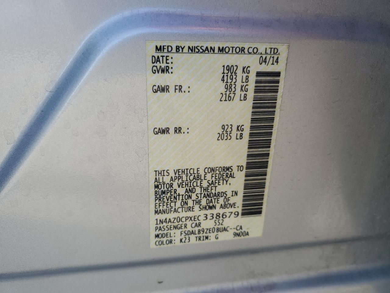 1N4AZ0CPXEC338679 2014 Nissan Leaf S