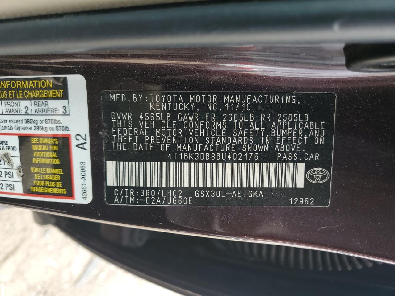 4T1BK3DB8BU402176 2011 Toyota Avalon Base