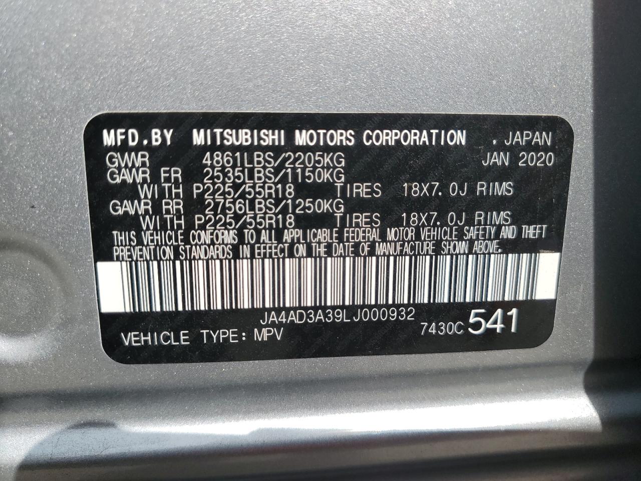 JA4AD3A39LJ000932 2020 Mitsubishi Outlander Se