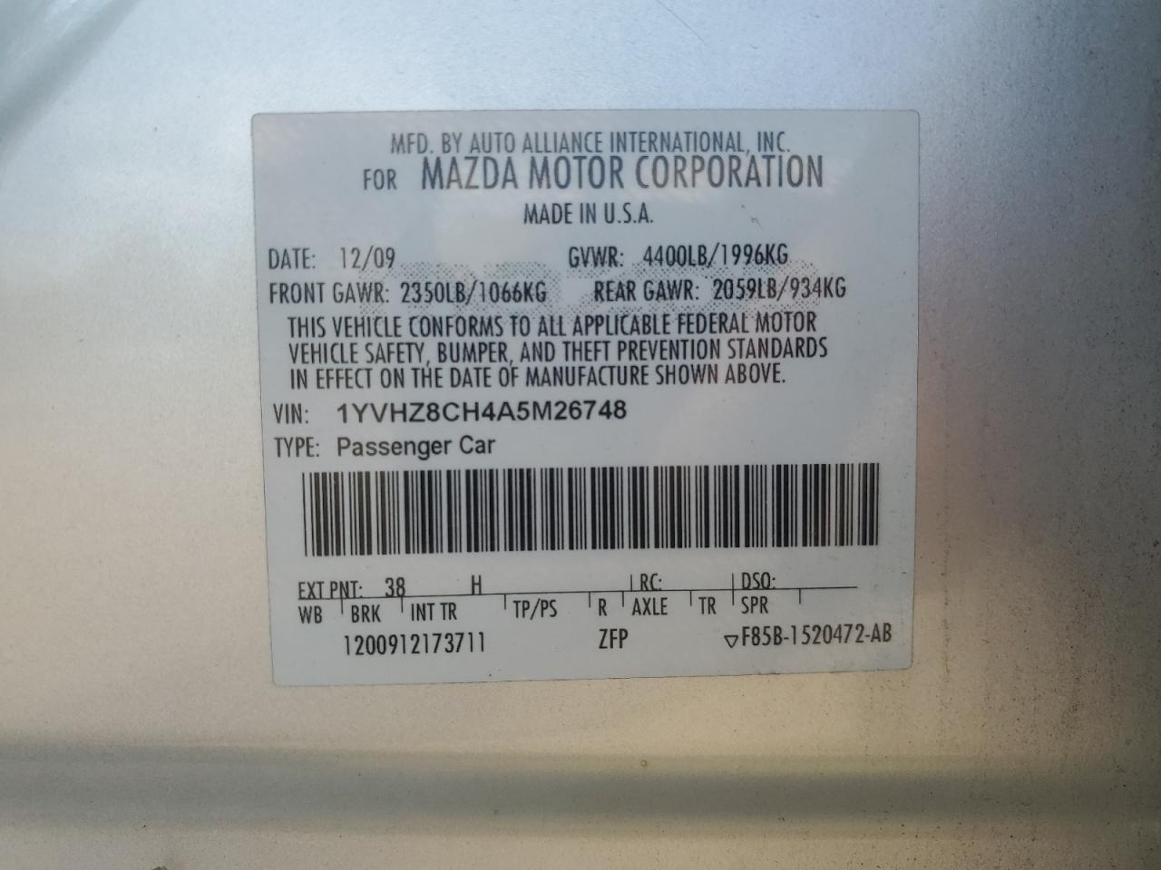 1YVHZ8CH4A5M26748 2010 Mazda 6 I