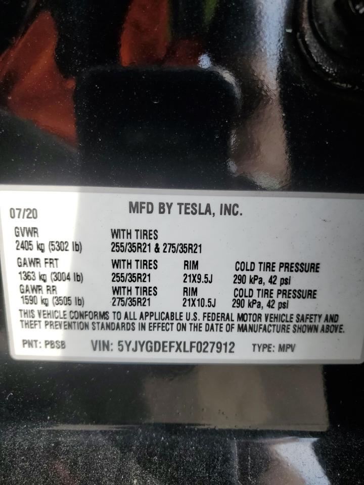 2020 Tesla Model Y VIN: 5YJYGDEFXLF027912 Lot: 71282164