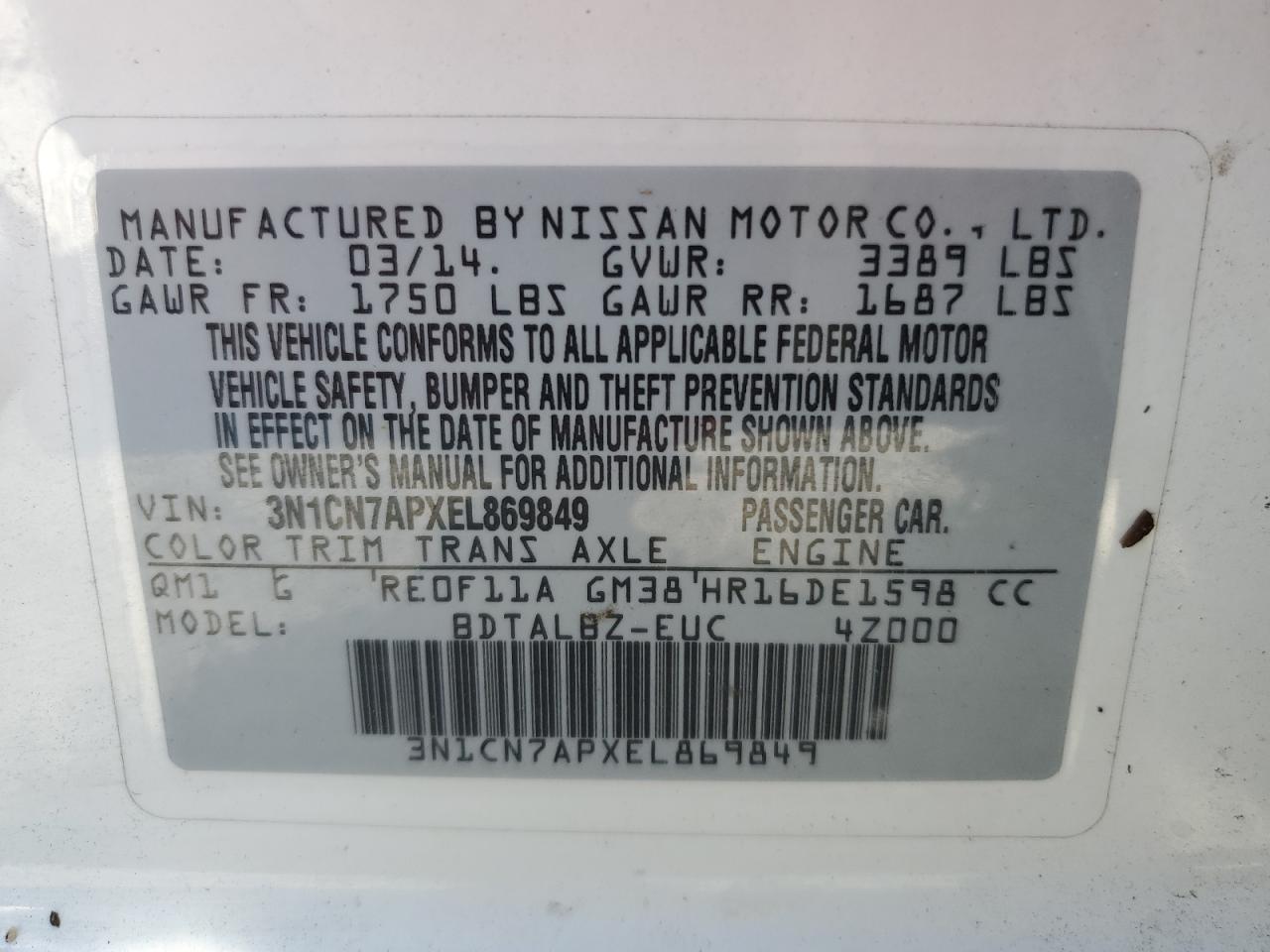 3N1CN7APXEL869849 2014 Nissan Versa S