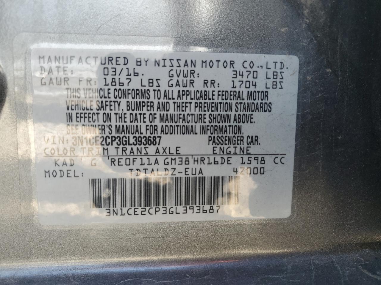 3N1CE2CP3GL393687 2016 Nissan Versa Note S