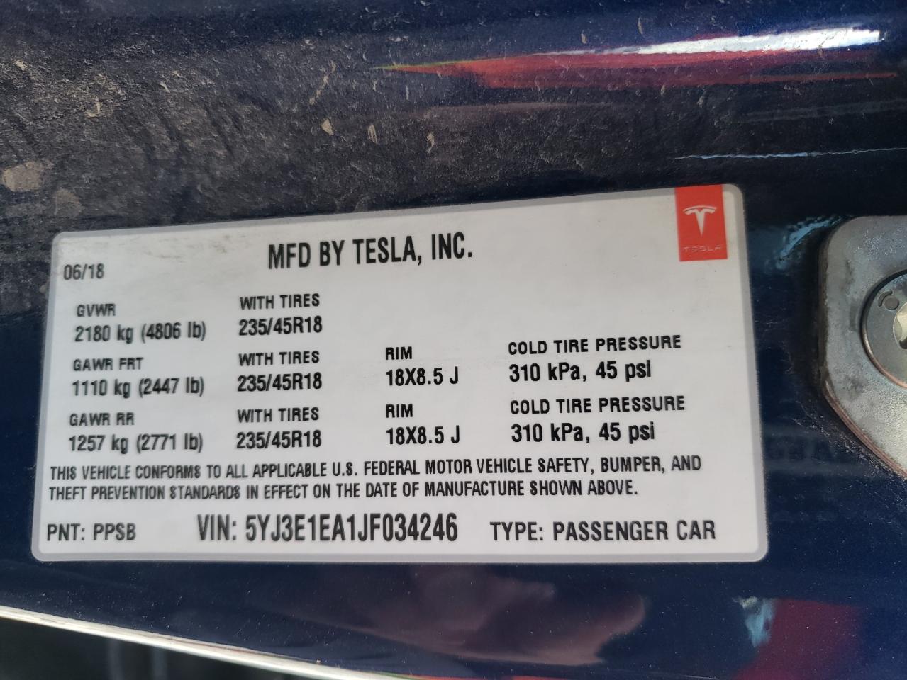 5YJ3E1EA1JF034246 2018 Tesla Model 3