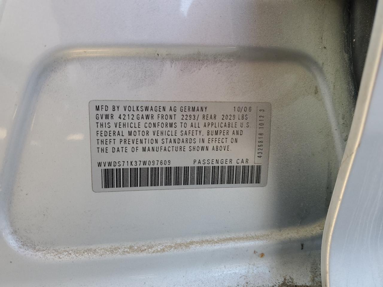 2007 Volkswagen Rabbit VIN: WVWDS71K37W097609 Lot: 73602904