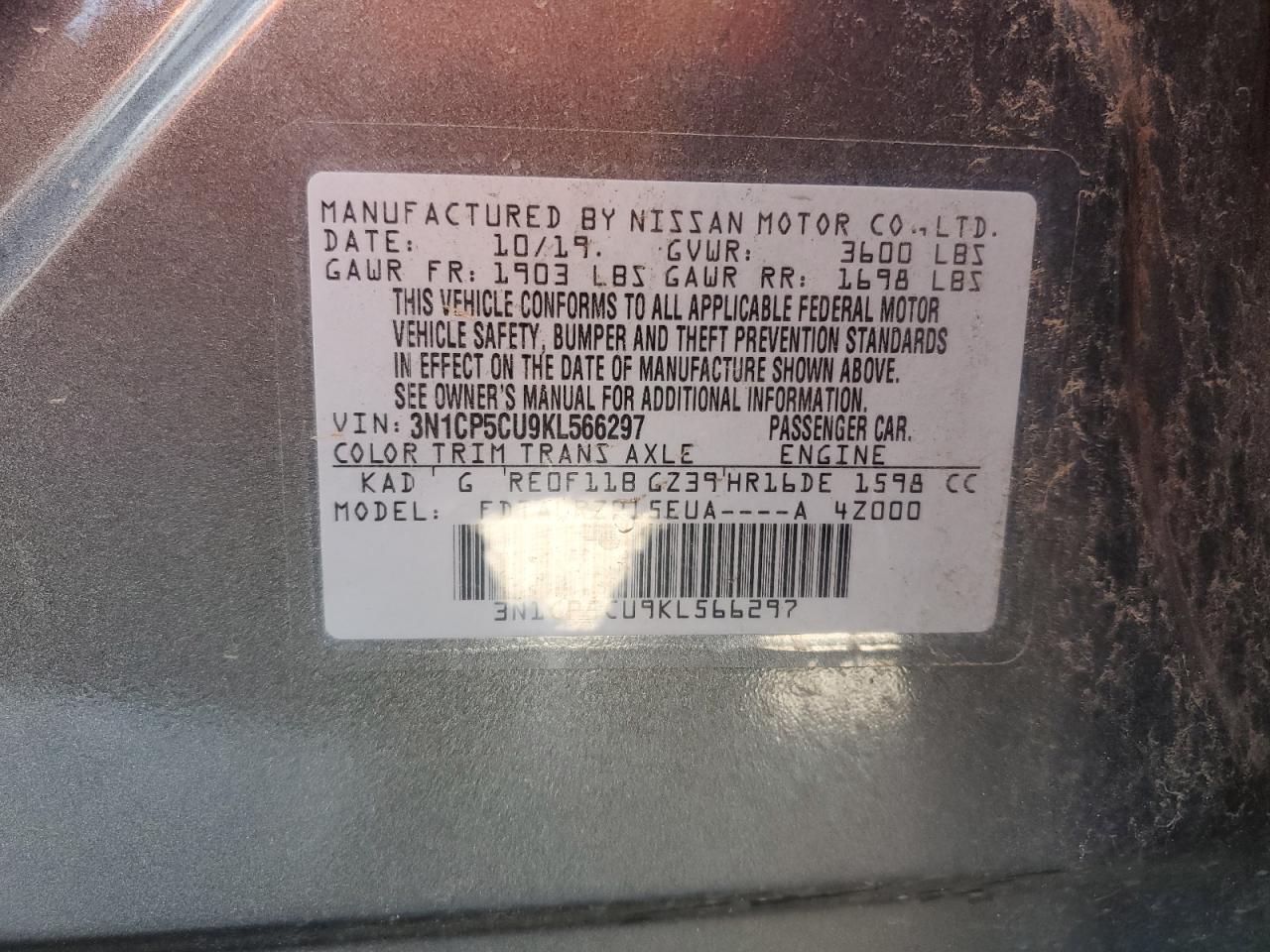 3N1CP5CU9KL566297 2019 Nissan Kicks S