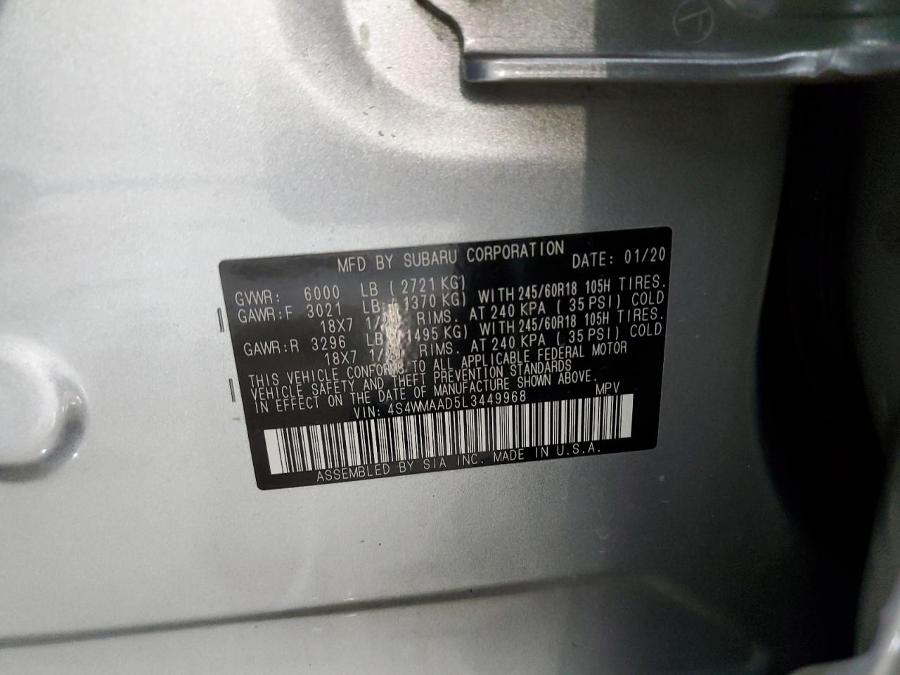 4S4WMAAD5L3449968 2020 Subaru Ascent