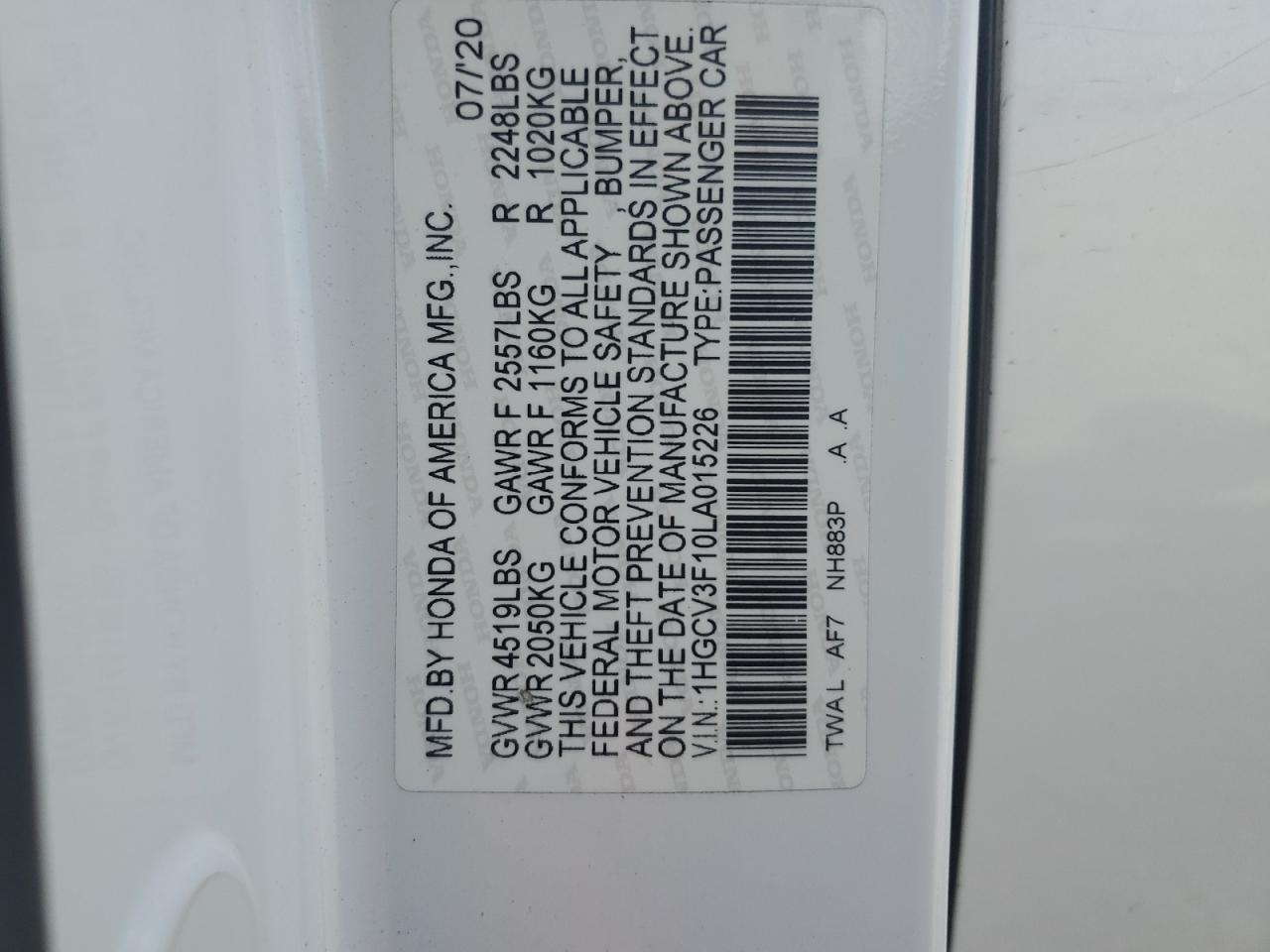 1HGCV3F10LA015226 2020 Honda Accord Hybrid