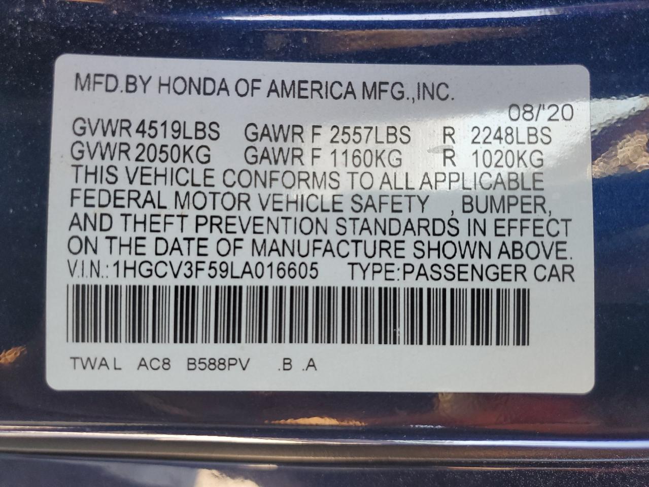 2020 Honda Accord Hybrid Exl VIN: 1HGCV3F59LA016605 Lot: 72210024