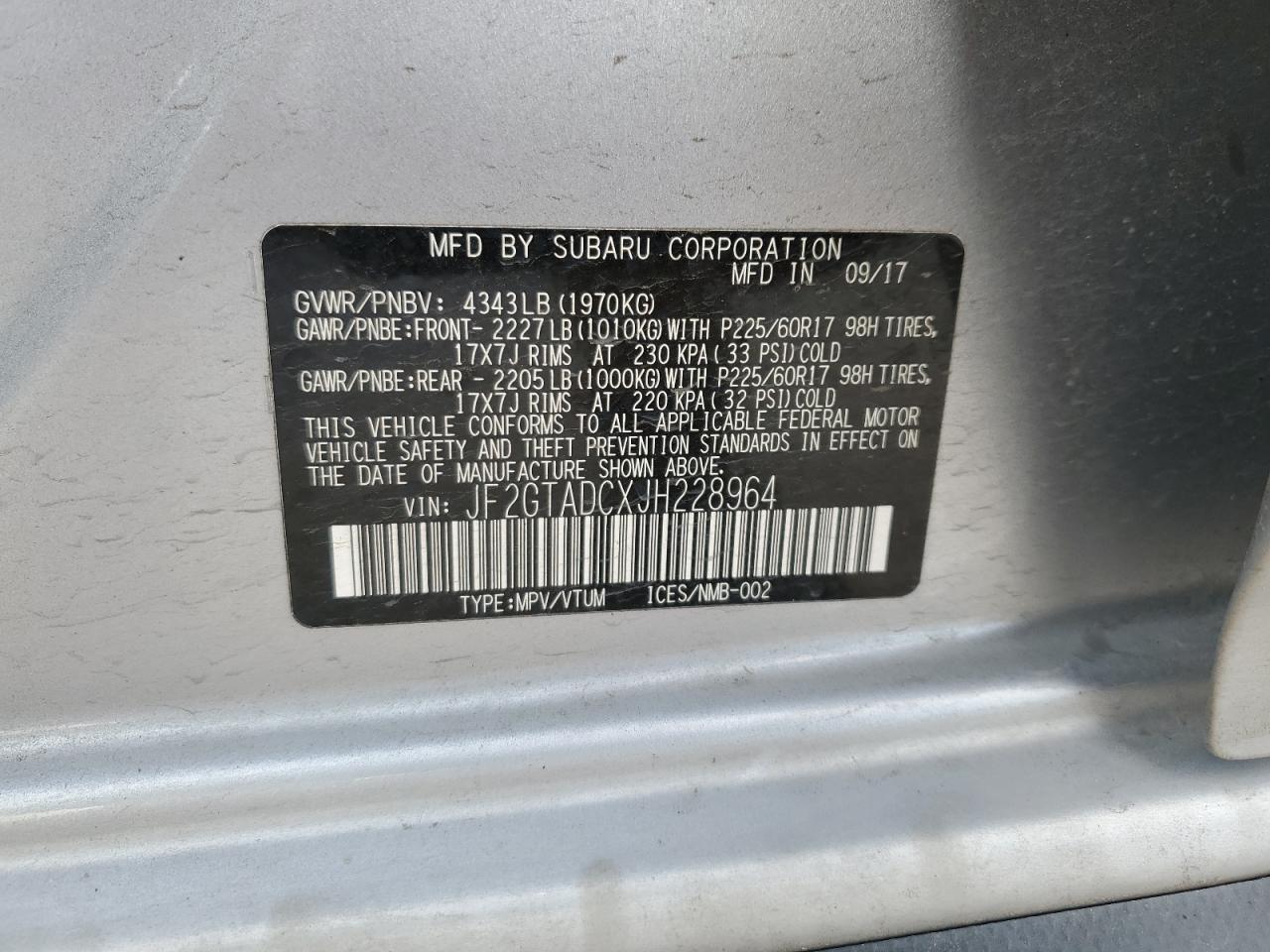 JF2GTADCXJH228964 2018 Subaru Crosstrek Premium