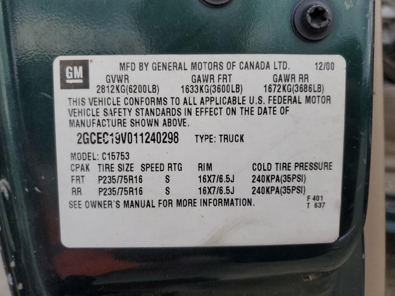 2GCEC19V011240298 2001 Chevrolet Silverado C1500