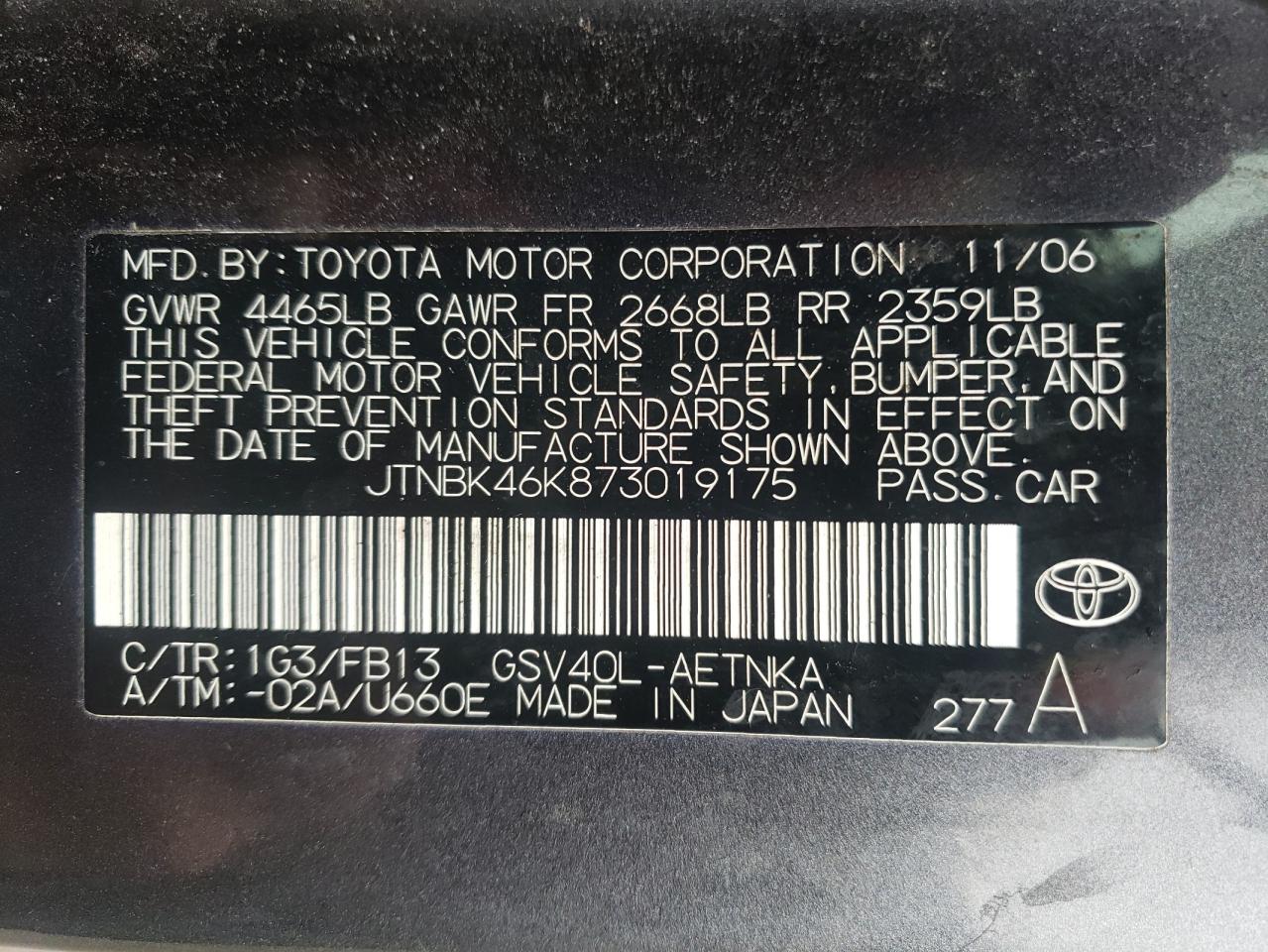 JTNBK46K873019175 2007 Toyota Camry Le