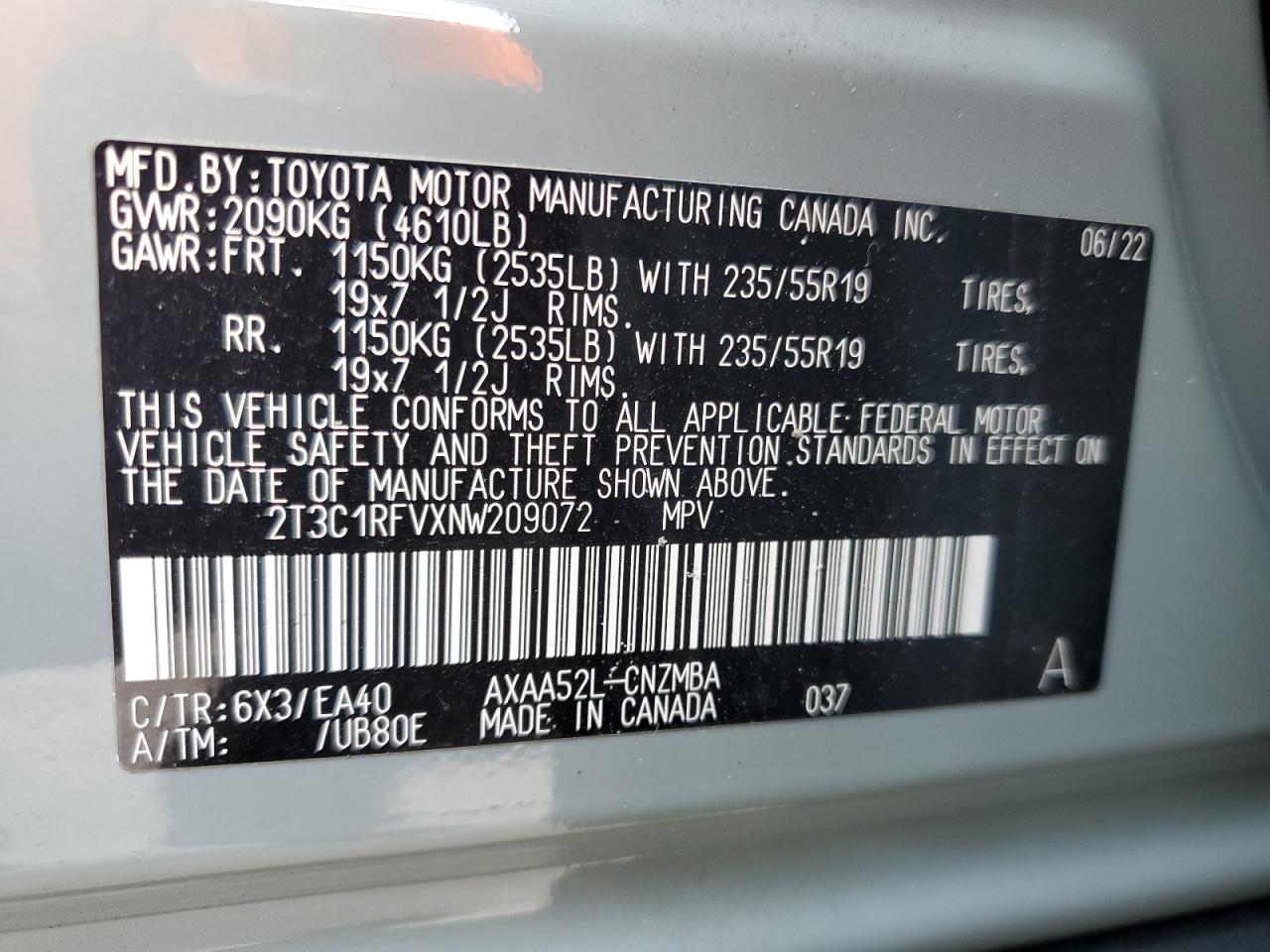 2022 Toyota Rav4 Xle Premium VIN: 2T3C1RFVXNW209072 Lot: 70995344